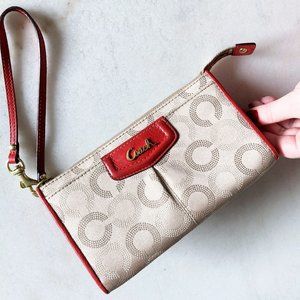 Coach wallet / wristlet signature khaki beige canvas & cherry red leather